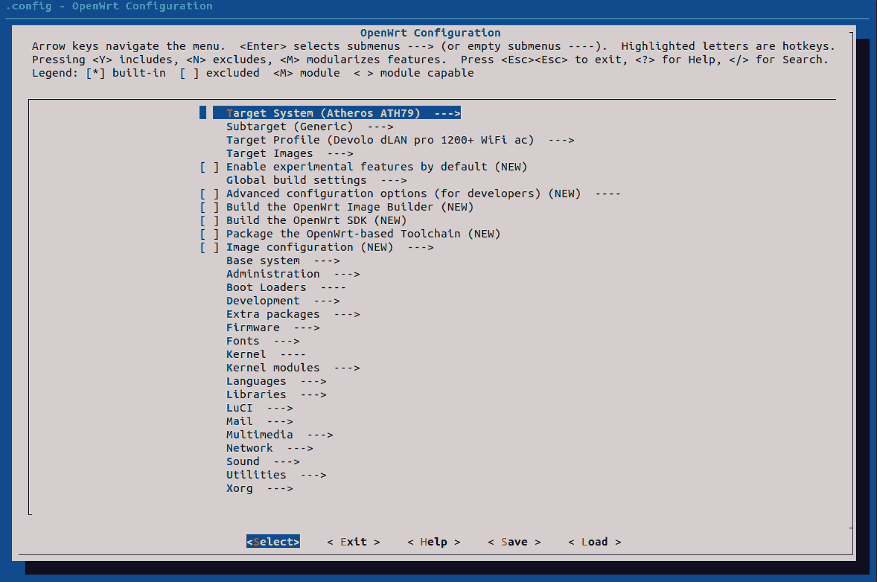 Screenshot des Einstiegs des Konfigurationsmenüs von OpenWRT mit vorselektiertem Zielsystem und Zielprofil